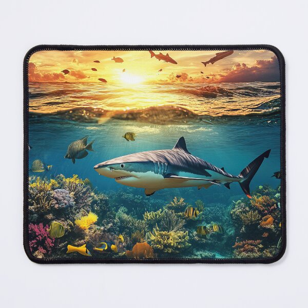 Item preview, Shark underwater with coral reef at sunset - Marine photography designed and sold by TheArtistOf2022.