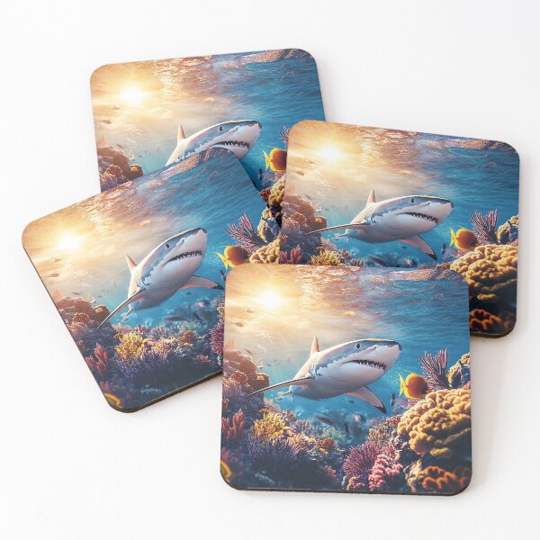 Item preview, Shark underwater with coral reef at sunset - Marine photography designed and sold by TheArtistOf2022.