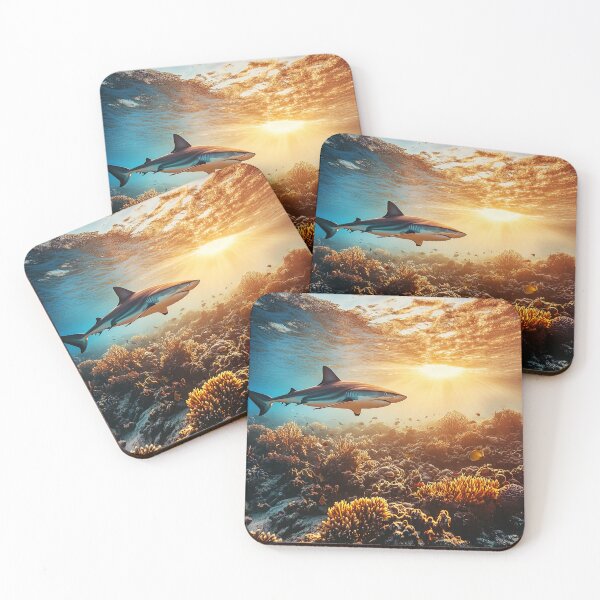 Item preview, Shark underwater with coral reef at sunset - Marine photography designed and sold by TheArtistOf2022.
