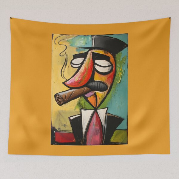 Item preview, Exaggerated Cartoon Figure Smoking a Large Cigar Wearing a Suit and Hat Generative AI designed and sold by OlfactoART Studio.