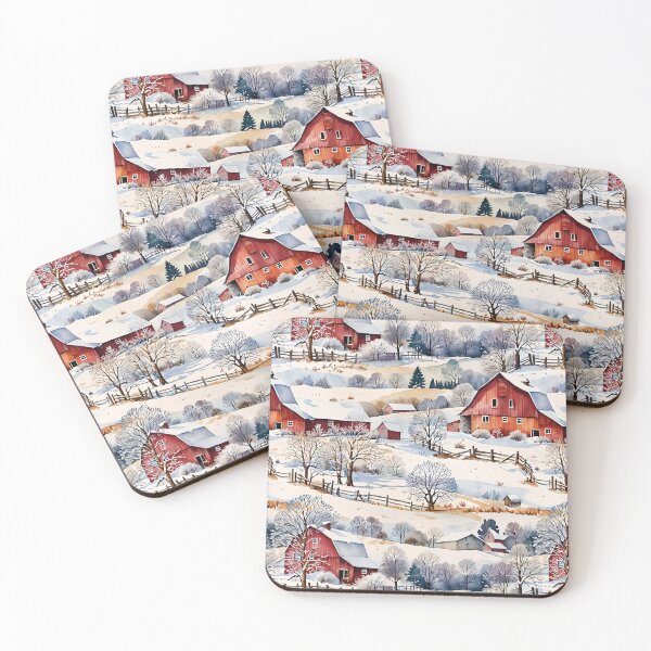 Item preview, Vintage Winter Farm Watercolor with Red Barns designed and sold by gjsart.