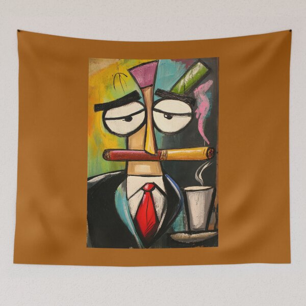 Item preview, Stylized Character Holding a Cigar with Steam Rising from a Coffee Cup Colorful Abstract Art AI Generated designed and sold by OlfactoART Studio.