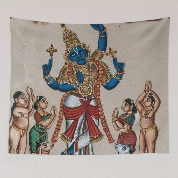 Item preview, Krishna lifting the mountain antique Indian religious artwork designed and sold by Vintage Designs +.