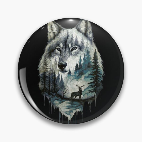 Item preview, Wolf Silhouette In Beautiful Nature, a wolf's head with a forest and a deer in the background. nature, wolf, mountains, outdoors, adventure, camping designed and sold by Collagedream.