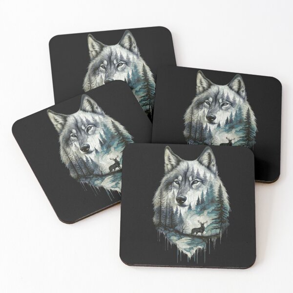 Item preview, Wolf Silhouette In Beautiful Nature, a wolf's head with a forest and a deer in the background. nature, wolf, mountains, outdoors, adventure, camping designed and sold by Collagedream.