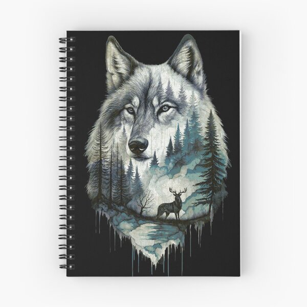 Item preview, Wolf Silhouette In Beautiful Nature, a wolf's head with a forest and a deer in the background. nature, wolf, mountains, outdoors, adventure, camping designed and sold by Collagedream.