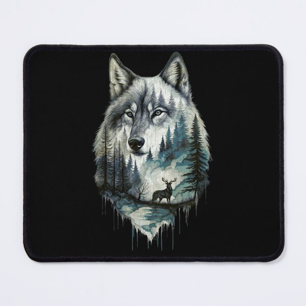 Item preview, Wolf Silhouette In Beautiful Nature, a wolf's head with a forest and a deer in the background. nature, wolf, mountains, outdoors, adventure, camping designed and sold by Collagedream.