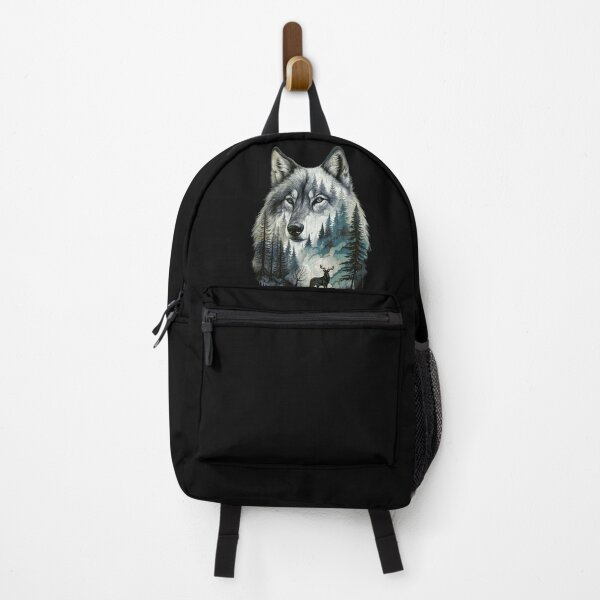Item preview, Wolf Silhouette In Beautiful Nature, a wolf's head with a forest and a deer in the background. nature, wolf, mountains, outdoors, adventure, camping designed and sold by Collagedream.