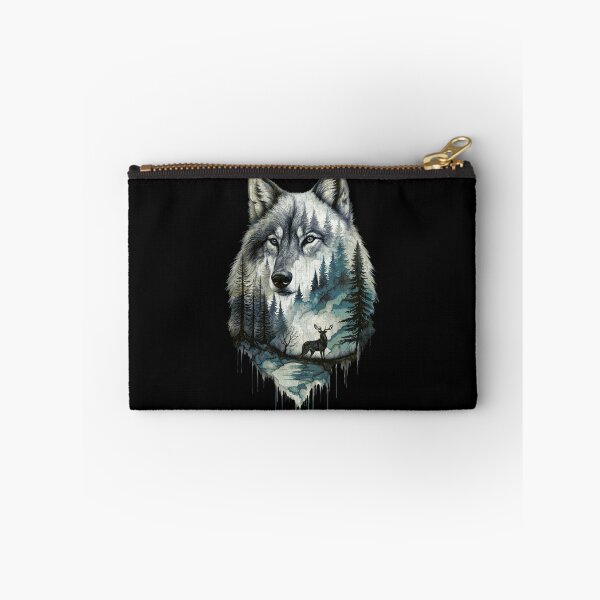 Item preview, Wolf Silhouette In Beautiful Nature, a wolf's head with a forest and a deer in the background. nature, wolf, mountains, outdoors, adventure, camping designed and sold by Collagedream.