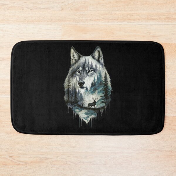 Item preview, Wolf Silhouette In Beautiful Nature, a wolf's head with a forest and a deer in the background. nature, wolf, mountains, outdoors, adventure, camping designed and sold by Collagedream.