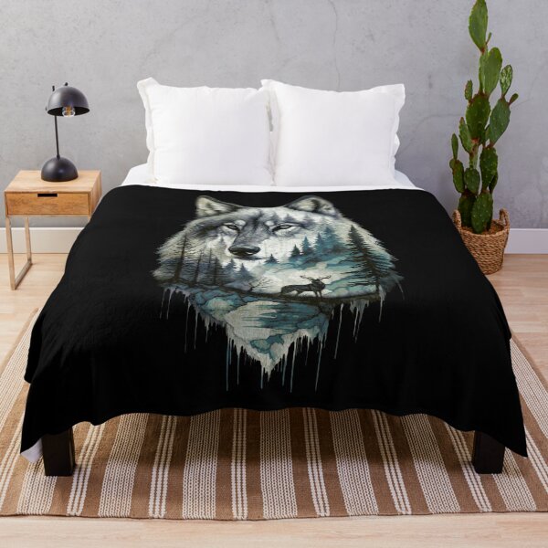Item preview, Wolf Silhouette In Beautiful Nature, a wolf's head with a forest and a deer in the background. nature, wolf, mountains, outdoors, adventure, camping designed and sold by Collagedream.