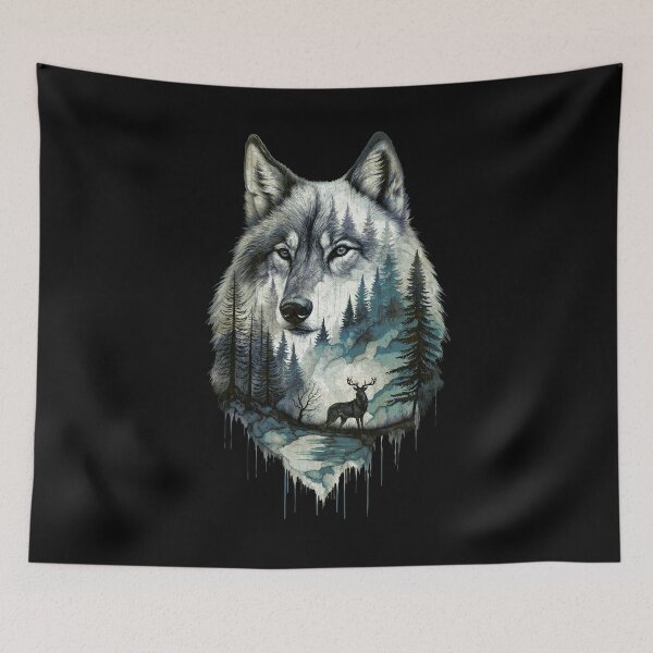 Item preview, Wolf Silhouette In Beautiful Nature, a wolf's head with a forest and a deer in the background. nature, wolf, mountains, outdoors, adventure, camping designed and sold by Collagedream.