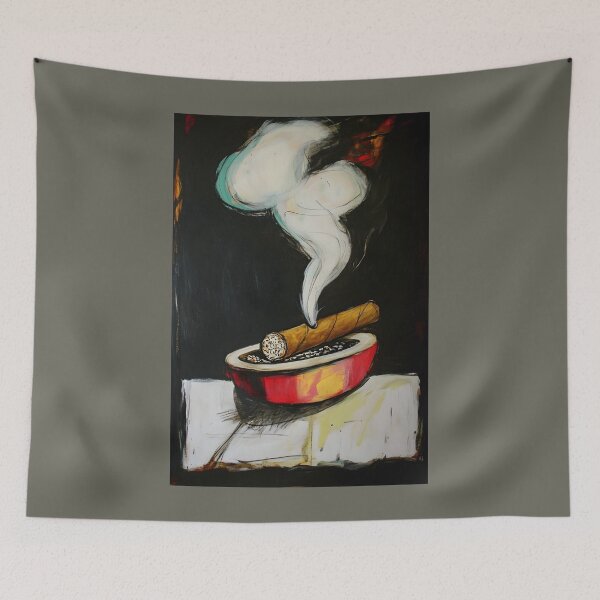 Item preview, Lit Cigar in Red Ashtray with Swirling Smoke Abstract Art Generative AI designed and sold by OlfactoART Studio.