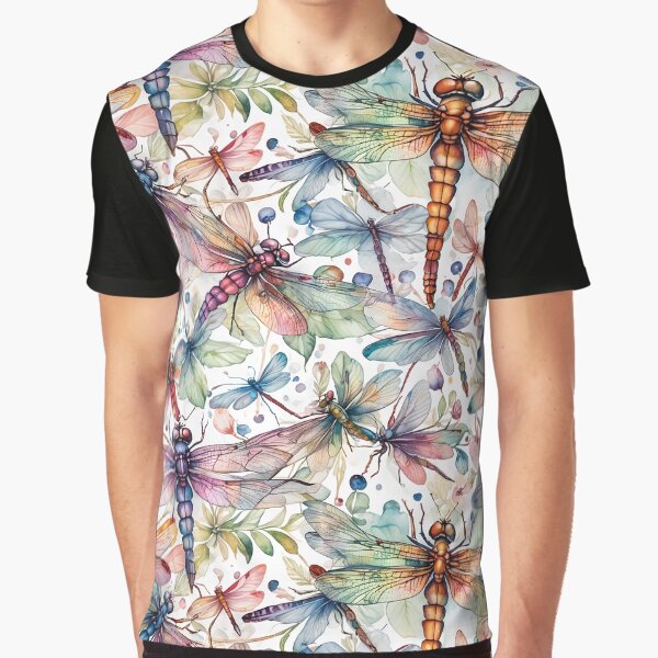 Vibrant Color Dragonfly Pattern Graphic T-Shirt