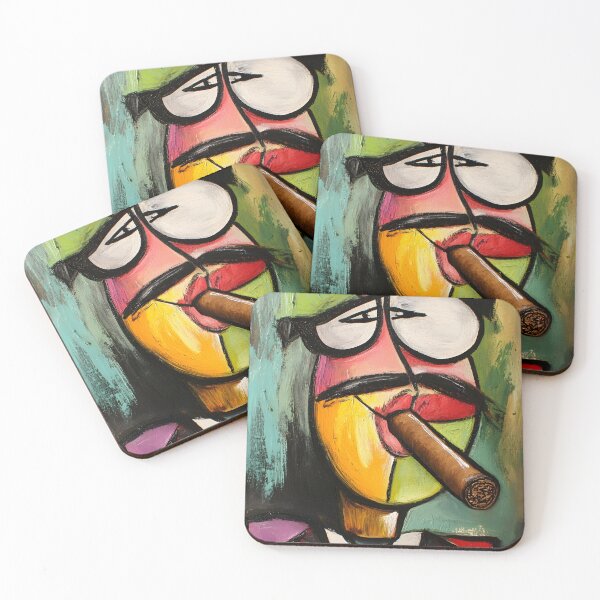Item preview, Stylized Character with Oversized Glasses and Handlebar Mustache Smoking a Cigar AI Art designed and sold by OlfactoART Studio.