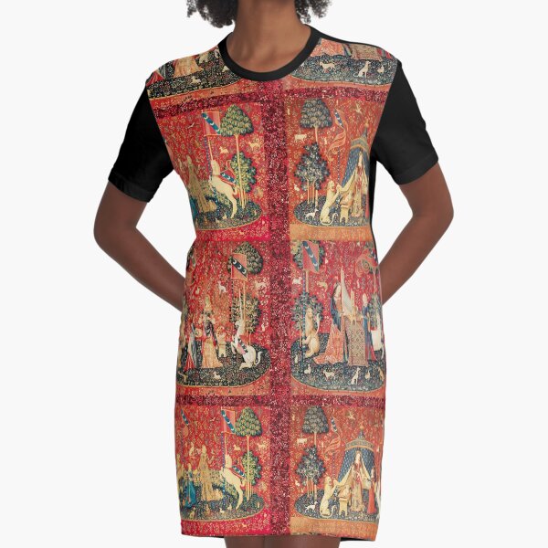 FOUR LADY AND UNICORN STORIES ,Fantasy Flowers,Animals, Red Green Floral Collection Graphic T-Shirt Dress