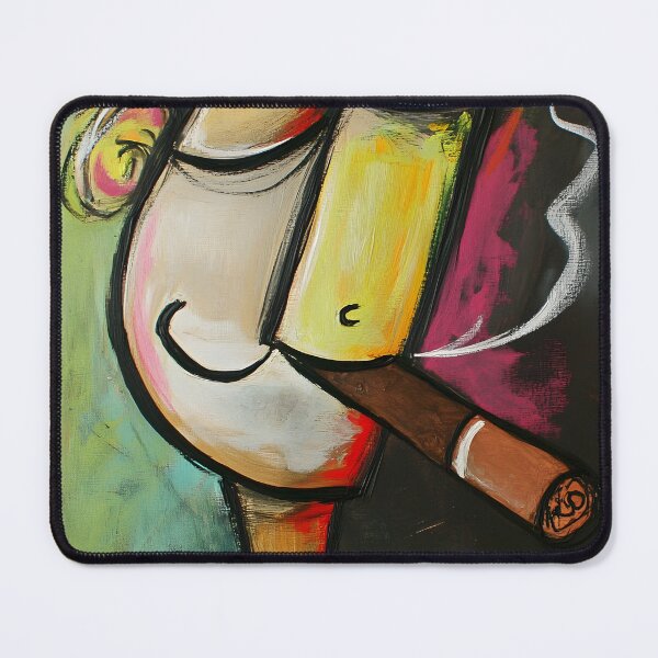 Item preview, Cubist-Style Character with Cheerful Expression Holding a Cigar Comic Abstract Digital Art designed and sold by OlfactoART Studio.