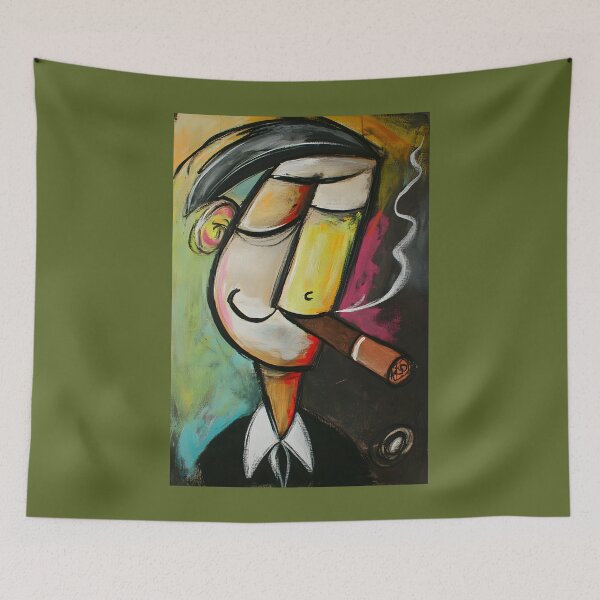 Item preview, Cubist-Style Character with Cheerful Expression Holding a Cigar Comic Abstract Digital Art designed and sold by OlfactoART Studio.