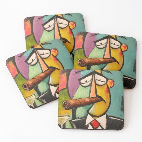 Item preview, Cubist-Style Character Holding a Large Cigar, A Martini, Vibrant Contrasting Colors AI Digital Art designed and sold by OlfactoART Studio.
