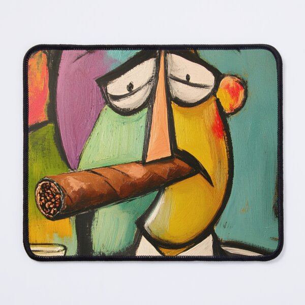 Item preview, Cubist-Style Character Holding a Large Cigar, A Martini, Vibrant Contrasting Colors AI Digital Art designed and sold by OlfactoART Studio.