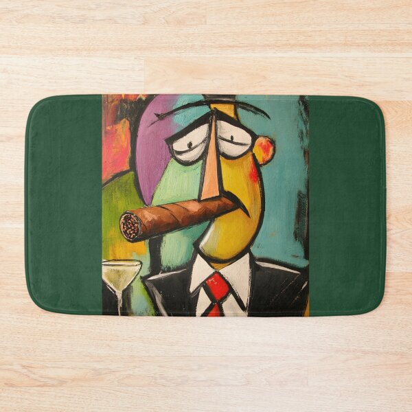 Item preview, Cubist-Style Character Holding a Large Cigar, A Martini, Vibrant Contrasting Colors AI Digital Art designed and sold by OlfactoART Studio.
