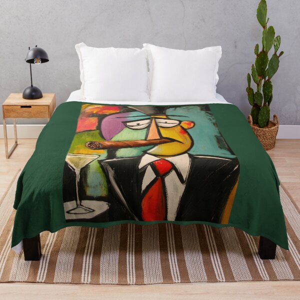Item preview, Cubist-Style Character Holding a Large Cigar, A Martini, Vibrant Contrasting Colors AI Digital Art designed and sold by OlfactoART Studio.