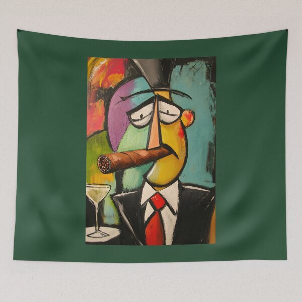 Item preview, Cubist-Style Character Holding a Large Cigar, A Martini, Vibrant Contrasting Colors AI Digital Art designed and sold by OlfactoART Studio.