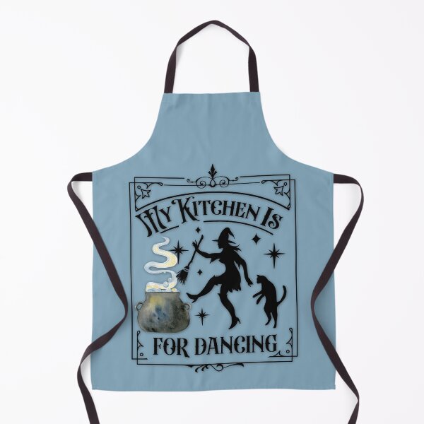 Item preview, Boho Dusty Blue, Cottagecore - My Kitchen is for Dancing, Kitchen Witchery, Kitchen Witch, Familiar Kitty, Cauldron and Spells, Cute Witch designed and sold by Alaska Magick.