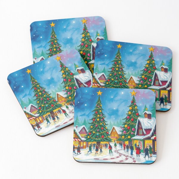 Item preview, Snowy Winter Christmas Village Houses with Chimney, Christmas Tree, Christmas Bazaar designed and sold by MyArt23.