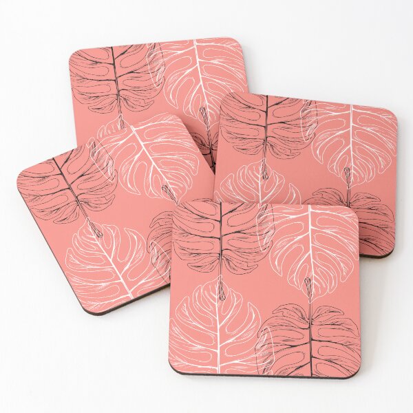 Item preview, Monstera Black and White on Coral Pink Leaf Outline Pattern designed and sold by PurrGreen.