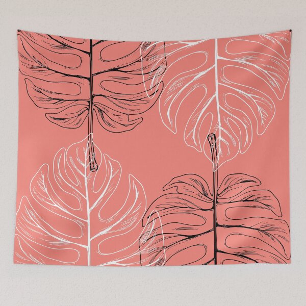 Item preview, Monstera Black and White on Coral Pink Leaf Outline Pattern designed and sold by PurrGreen.