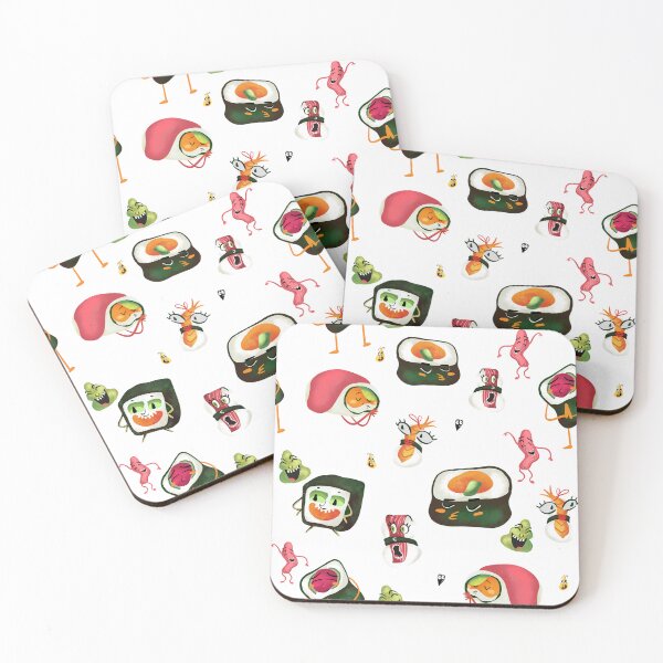 Item preview, Colorful cartoon sushi characters having fun in a playful pattern on a bright white background designed and sold by sandrawarty.