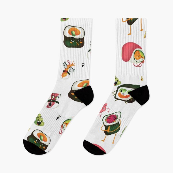 Item preview, Colorful cartoon sushi characters having fun in a playful pattern on a bright white background designed and sold by sandrawarty.