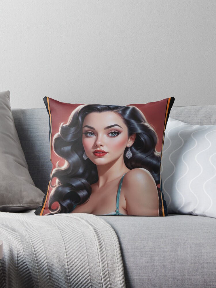 Stunning Vintage Hollywood Style Pin-Up Girl Glamour Portrait AI Concept Art by Xzendor7 | An Alluring Brunette 4 Stunning Vintage Hollywood Style Pin-Up Girl Glamour Portrait Captivating AI Concept Art by Xzendor7 Decorative Art Print Throw Pillow