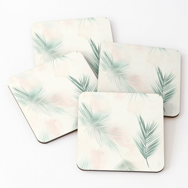 Item preview, Seamless pattern of delicate palm fronds with watercolor splashes in mint green and soft pinks on a creamy background  designed and sold by ThaiArtShop.