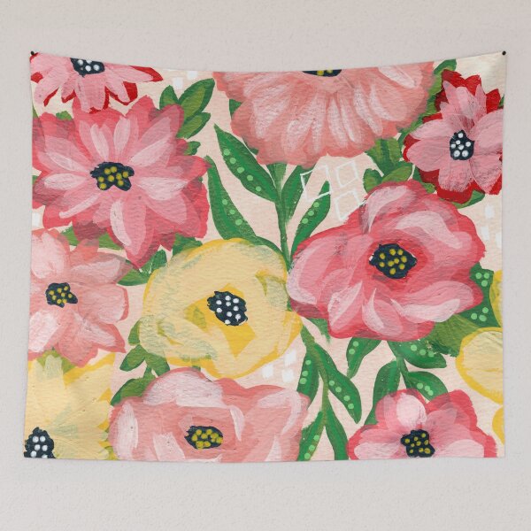 Item preview, Gouache all over floral painterly flowers in light peach background designed and sold by JasmineGDesigns.