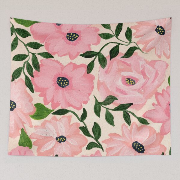 Item preview, Gouache all over floral peach and pink painterly flowers in light peach background designed and sold by JasmineGDesigns.