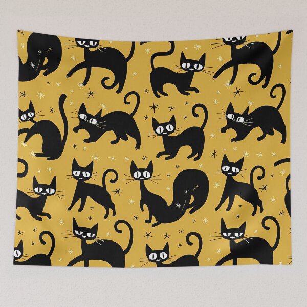 Item preview, Playful Black Cats on a Starry Yellow Night designed and sold by asbno19.