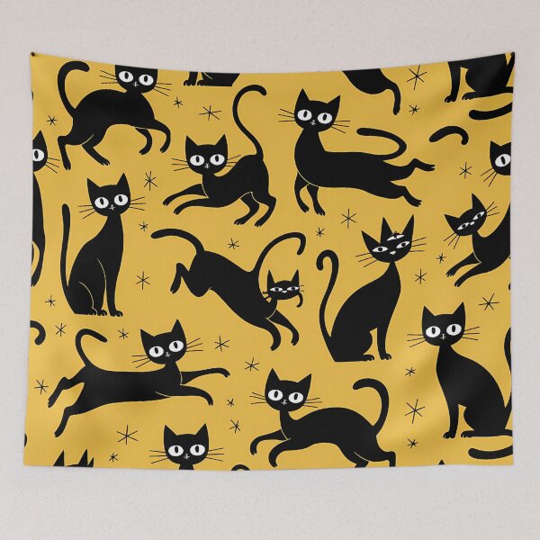 Item preview, Playful Black Cats on a Starry Yellow Night designed and sold by asbno19.