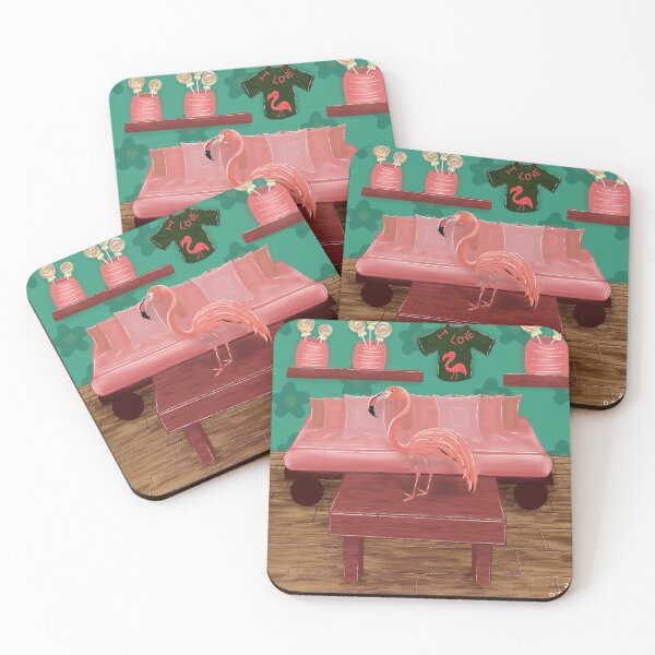 Item preview, Pink flamingo in a living room, pink sofa, lollipops and flower wall designed and sold by HappyRiri.
