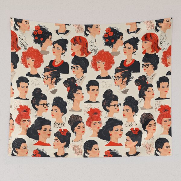 Item preview, Seamless pattern depicting iconic celebrity hairstyles and accessories, arranged in a playful and repeating format designed and sold by Fernnieskillup.