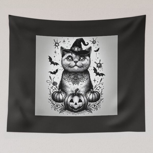 Item preview, sketch of halloween cat with pumpkin, cute black cat, brilliant eyes designed and sold by DSoriaDesign.