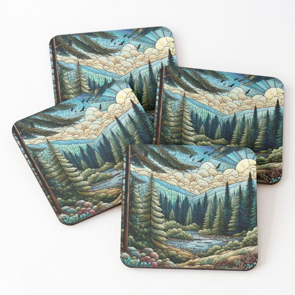 Item preview, Landscape of forest and mountains in stained glass style designed and sold by ArtNames.
