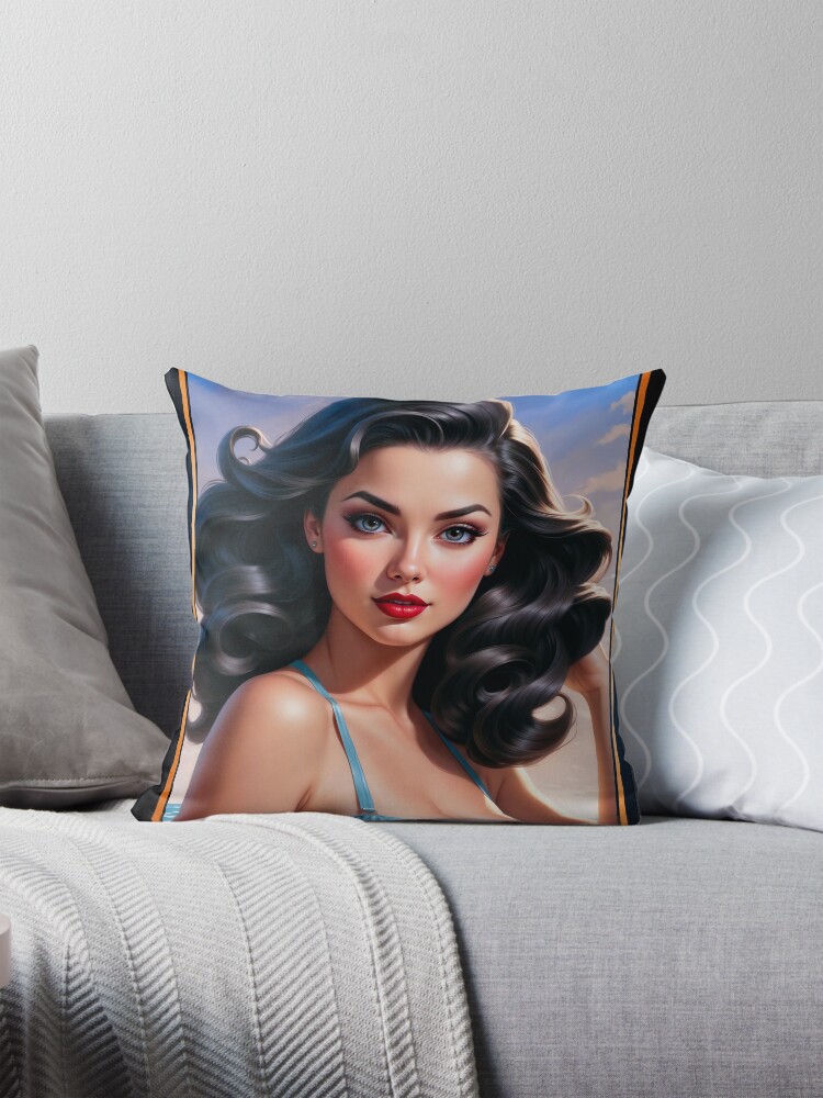 An Enchanting Hollywood Pinup Glamour Girl Amidst An Ocean Sunset AI Concept Art by Xzendor7 | A Captivating Beauty 4 An Enchanting Hollywood Pinup Glamour Girl Amidst An Ocean Sunset Gorgeous AI Concept Art by Xzendor7 Decorative Art Print Throw Pillow