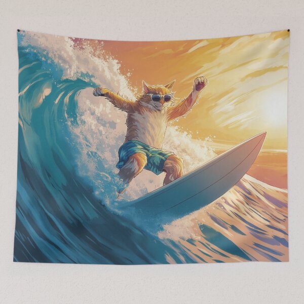 Item preview, Surfing Sunset Cat - Oceanic Feline Art Print designed and sold by Ideationing.