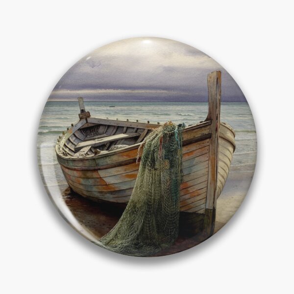Item preview, Abandoned, Luke 5:11, A beautiful painting of a weathered wooden fishing boat pulled up on a sandy beach, with a fishing net draped over the bow. designed and sold by Faithloveshop.
