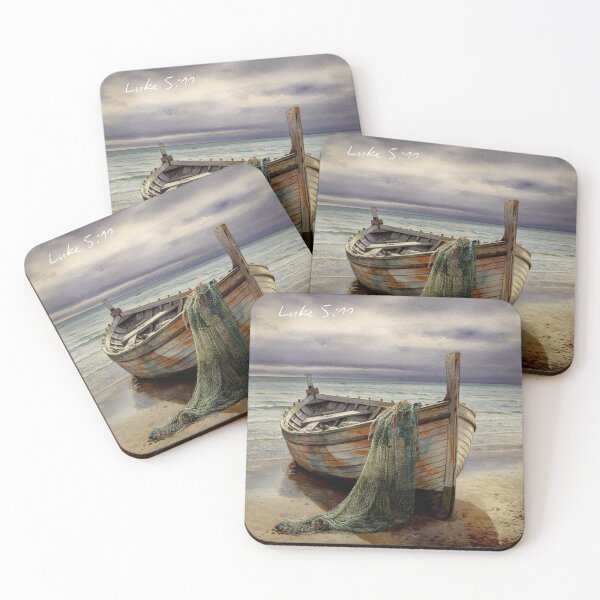 Item preview, Abandoned, Luke 5:11, A beautiful painting of a weathered wooden fishing boat pulled up on a sandy beach, with a fishing net draped over the bow. designed and sold by Faithloveshop.