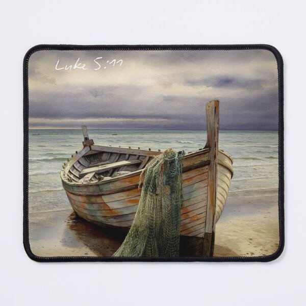 Item preview, Abandoned, Luke 5:11, A beautiful painting of a weathered wooden fishing boat pulled up on a sandy beach, with a fishing net draped over the bow. designed and sold by Faithloveshop.