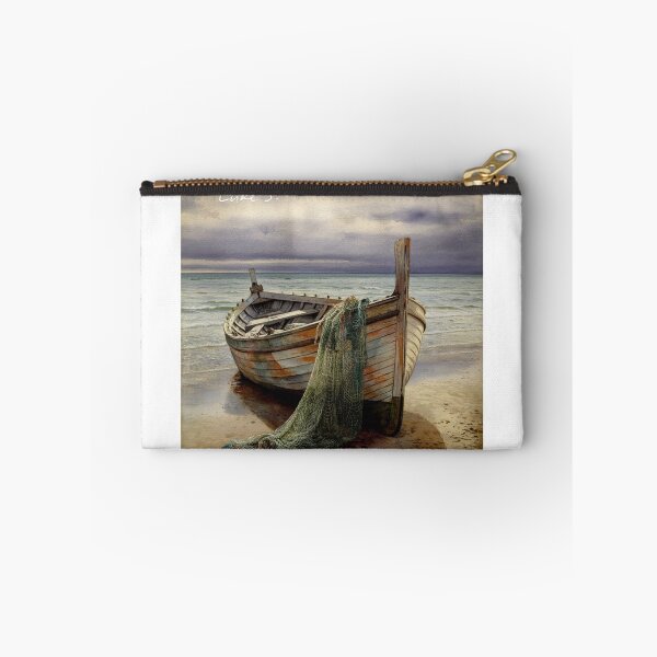 Item preview, Abandoned, Luke 5:11, A beautiful painting of a weathered wooden fishing boat pulled up on a sandy beach, with a fishing net draped over the bow. designed and sold by Faithloveshop.