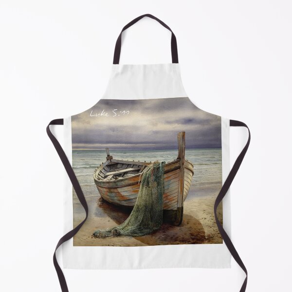 Item preview, Abandoned, Luke 5:11, A beautiful painting of a weathered wooden fishing boat pulled up on a sandy beach, with a fishing net draped over the bow. designed and sold by Faithloveshop.